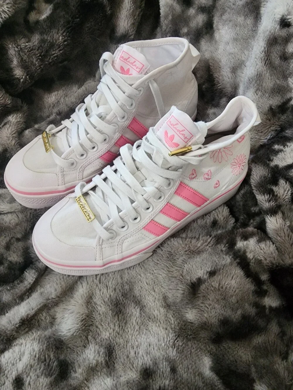 adidas White & Pink High-Top Sneakers with Floral Accents